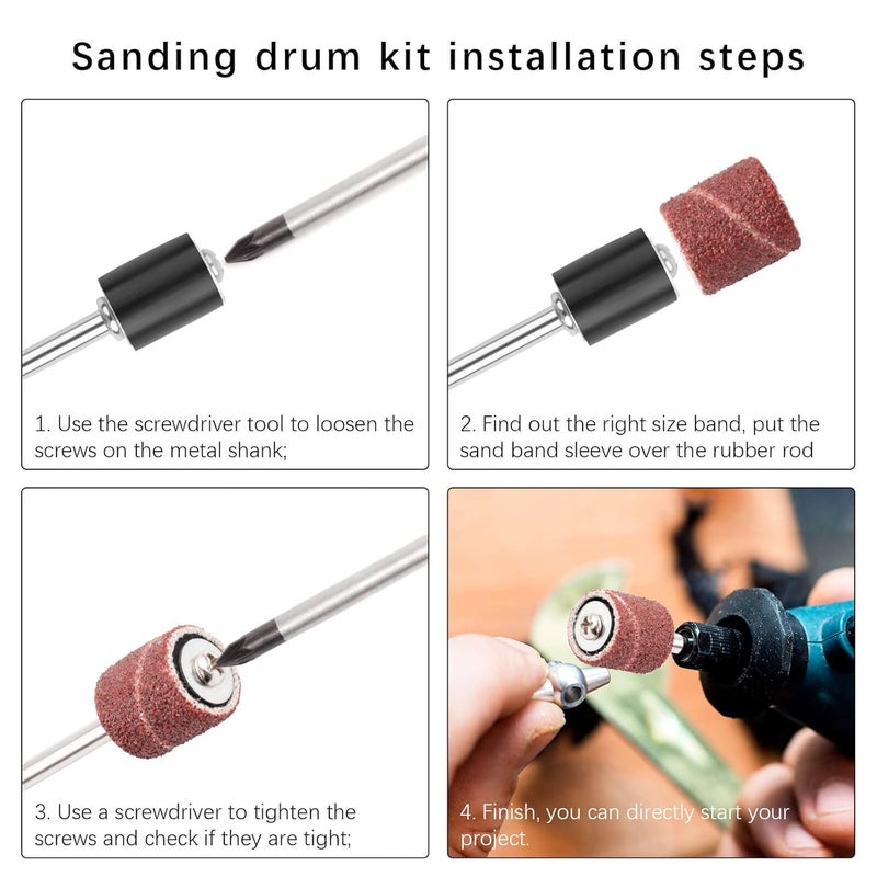 BAGTeck 162 Pieces Sanding Drums Kit Drum Sander for Drill with Storage Box Including 150 Pieces Sanding Band Sleeves and 12 Pieces Drum Mandrels for Rotary Tool- 120 Grit - Image 3